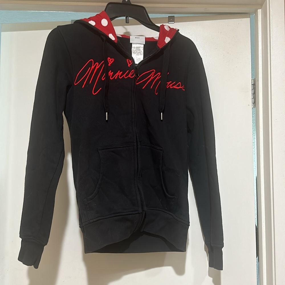 Euc Disneyland Minnie Mouse hooded zip up jacket with ears polka dots size small